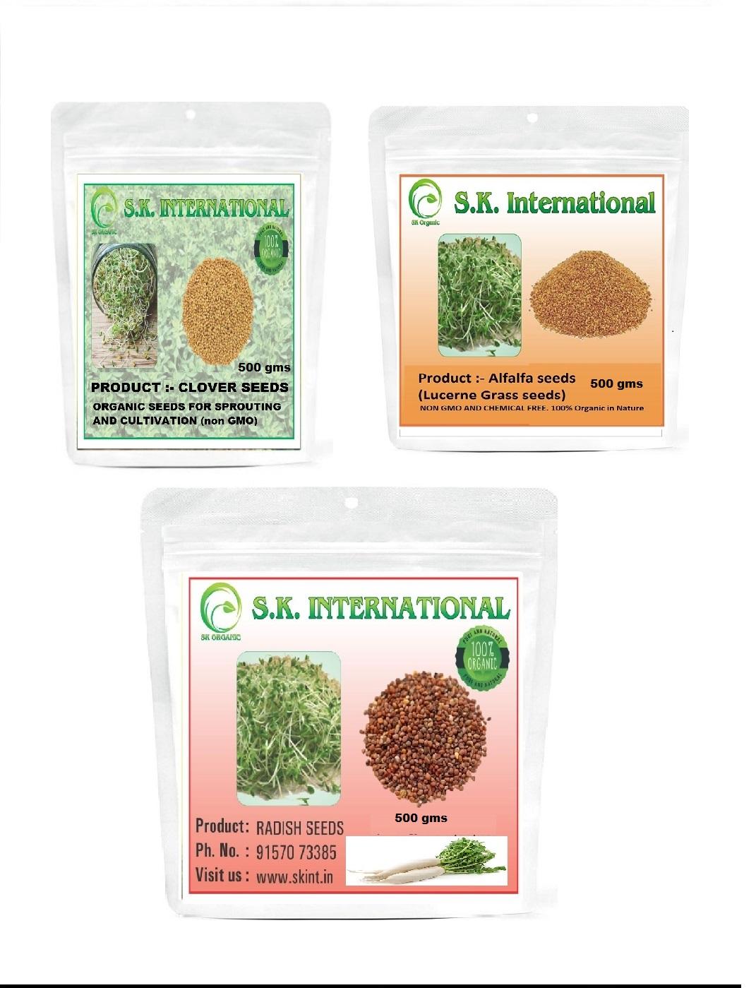 SK ORGANIC Clover , Radish and Alfalfa Seeds combo of 500 gms each for Sprouting and Cultivation