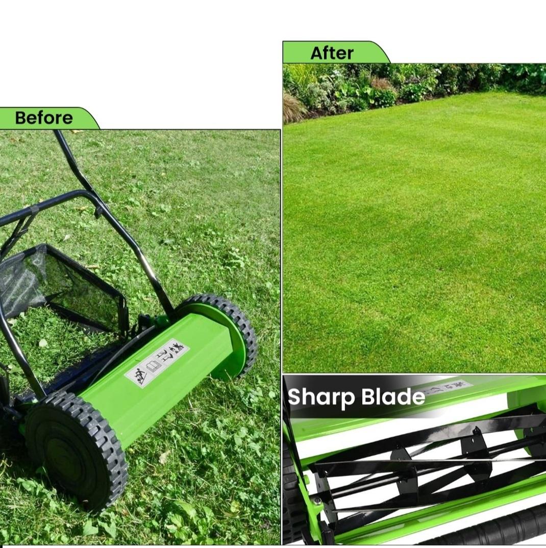 Manual Push Lawn Mower, 40.6 cm Cutting Width, 27L Grass Catcher, 5-Blade Reel, Green and Black