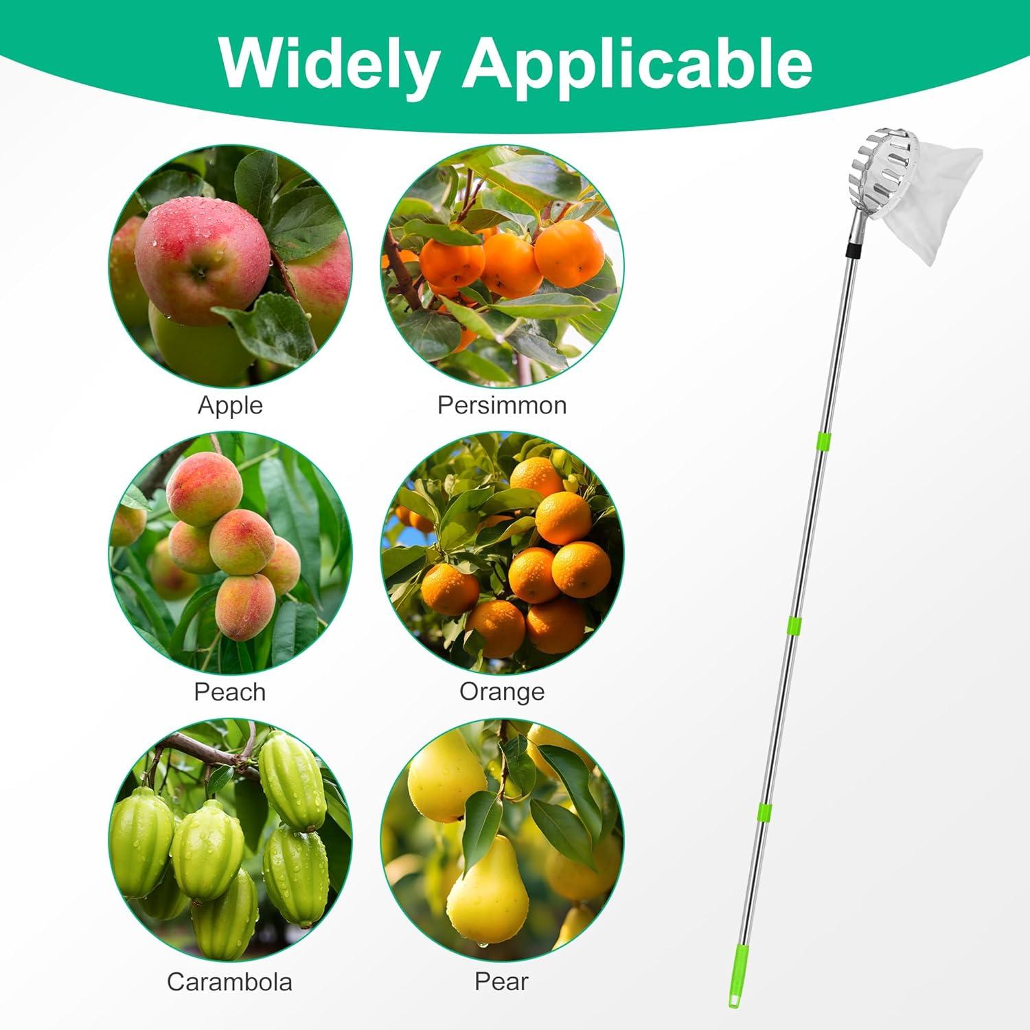 Fruit Picker Tool with 13 feet Long Telescopic Pole, Harvesting Basket Head, 8-Section Extendable Rod, Green and Silver