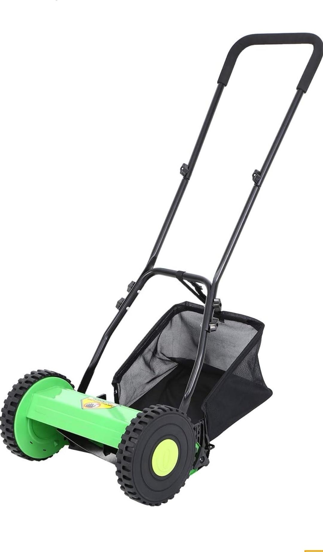 Manual Push Lawn Mower, 40.6 cm Cutting Width, 27L Grass Catcher, 5-Blade Reel, Green and Black