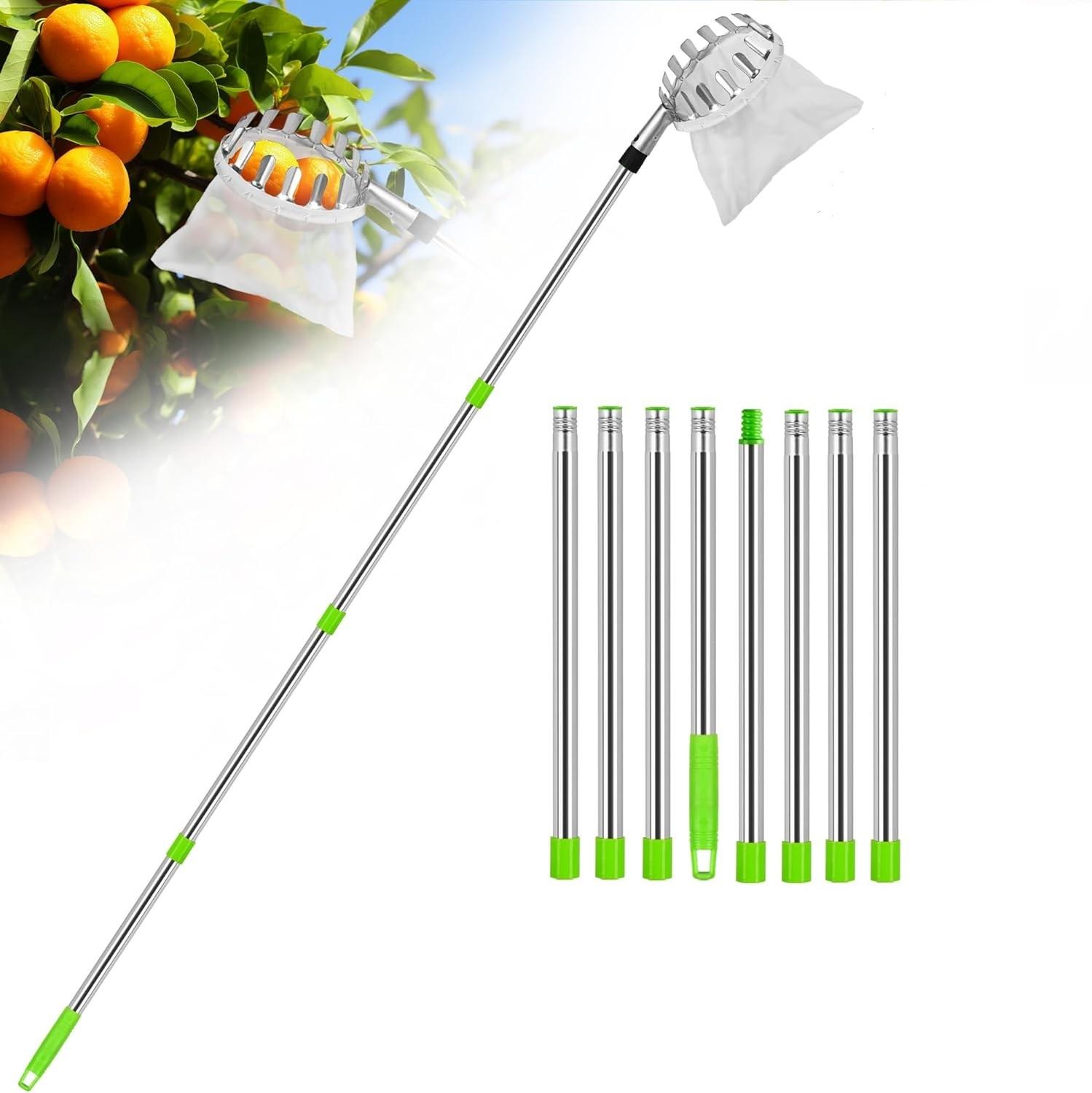 Garden Fruit Picker Tool with 13 feet Long Telescopic Pole, Harvesting Basket Head, 8-Section Extendable Rod, Green and Silver thumbnail