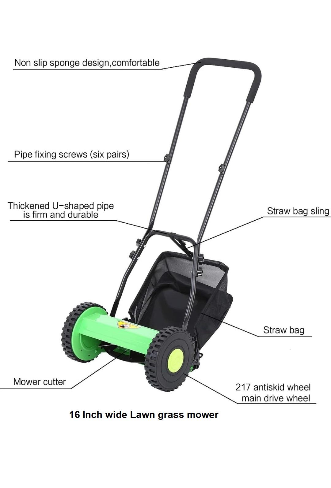 Manual Push Lawn Mower, 40.6 cm Cutting Width, 27L Grass Catcher, 5-Blade Reel, Green and Black