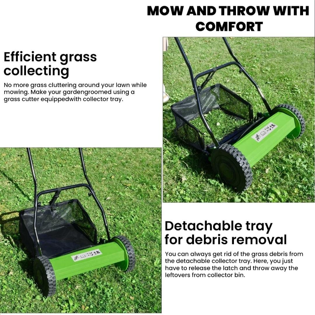 Manual Push Lawn Mower, 40.6 cm Cutting Width, 27L Grass Catcher, 5-Blade Reel, Green and Black